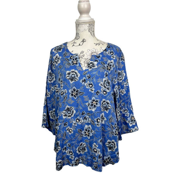 J. Jill Tops - J. Jill Love Linen Floral 3/4 Sleeve Blue Blouse Tunic Size L